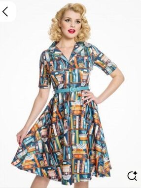 Lindy Bop The Bletchley Turquoise Bookprint Short-Sleeve Dress - 8